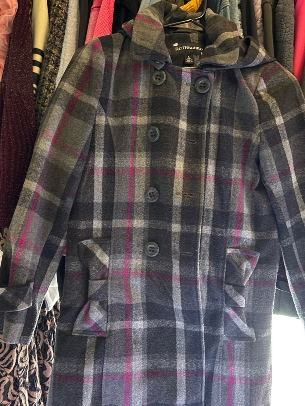 Rothschild Girls' Gray Plaid Pea Coat with Pink Stripes